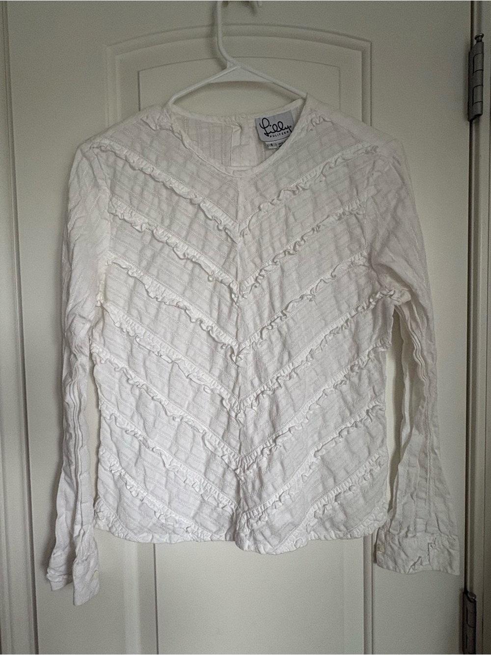 Lilly Pulitzer Women’s White Ruffled Long Sleeve Button Back Blouse - Size 8